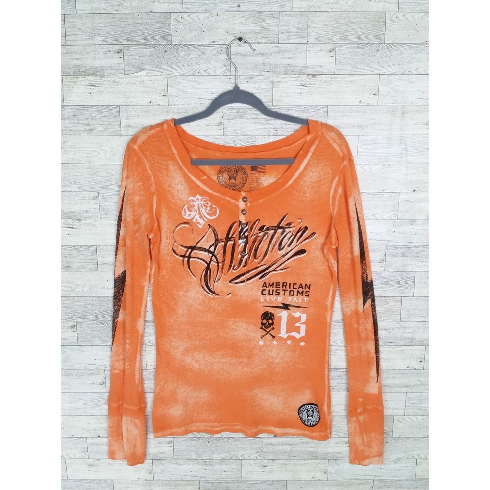 Women's Vintage Y2K Affliction Long Sleeve Shirt Top Fitted Orange Large L
